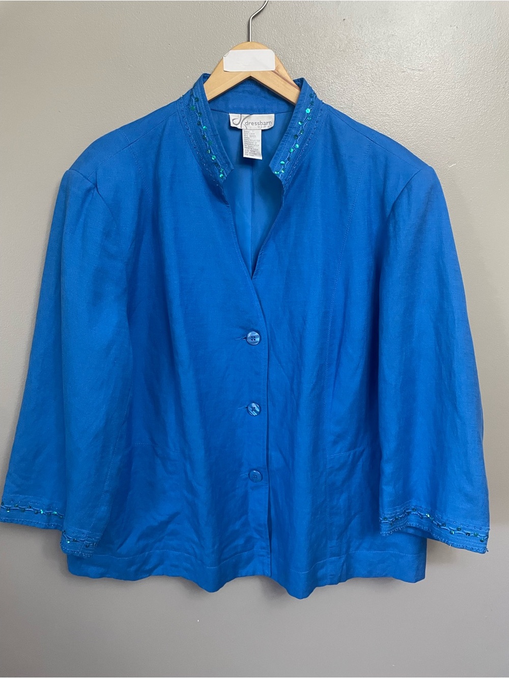 Dress Barn Linen Jacket Lined Embroidered Blue Beads 3/4 Sleeve Size 18W